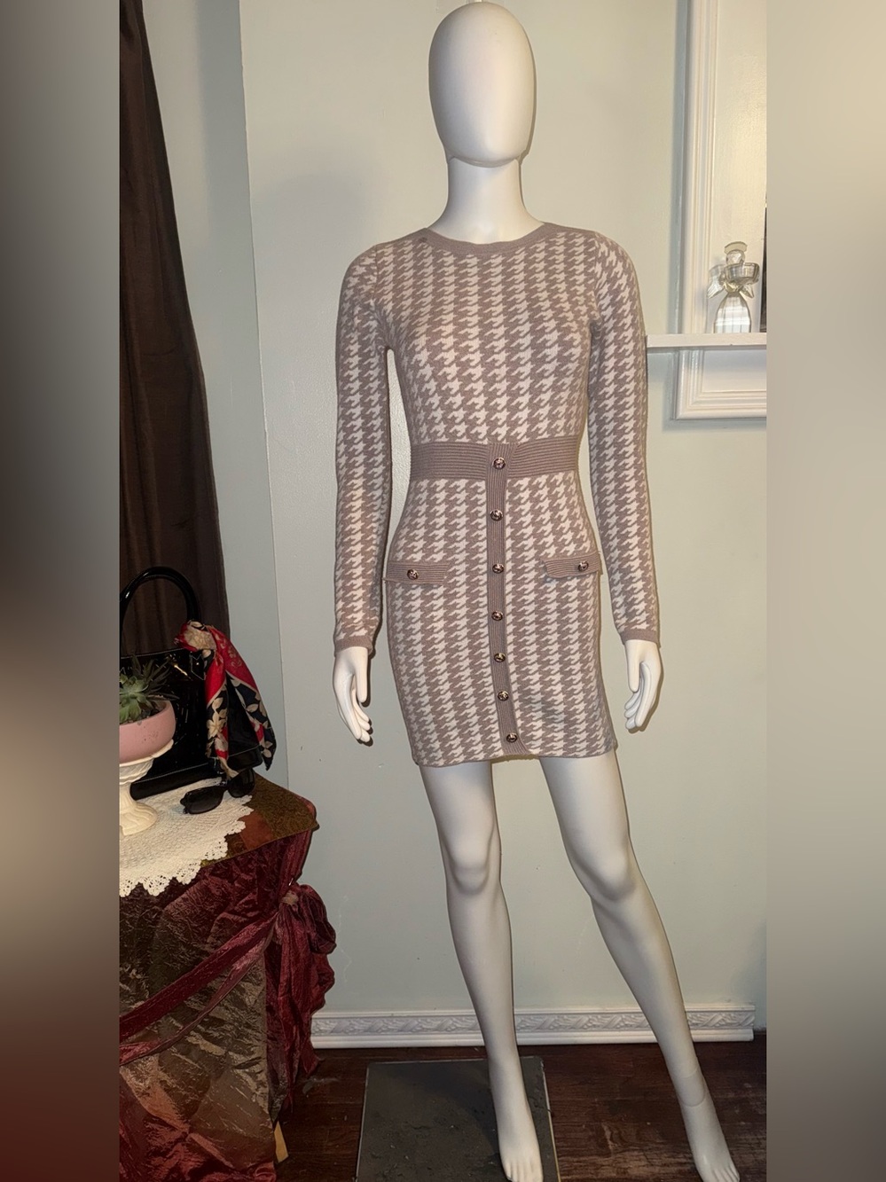 Houndstooth Knit Long-Sleeve Bodycon Dress - Taupe/White Wool Cashmere Blend
